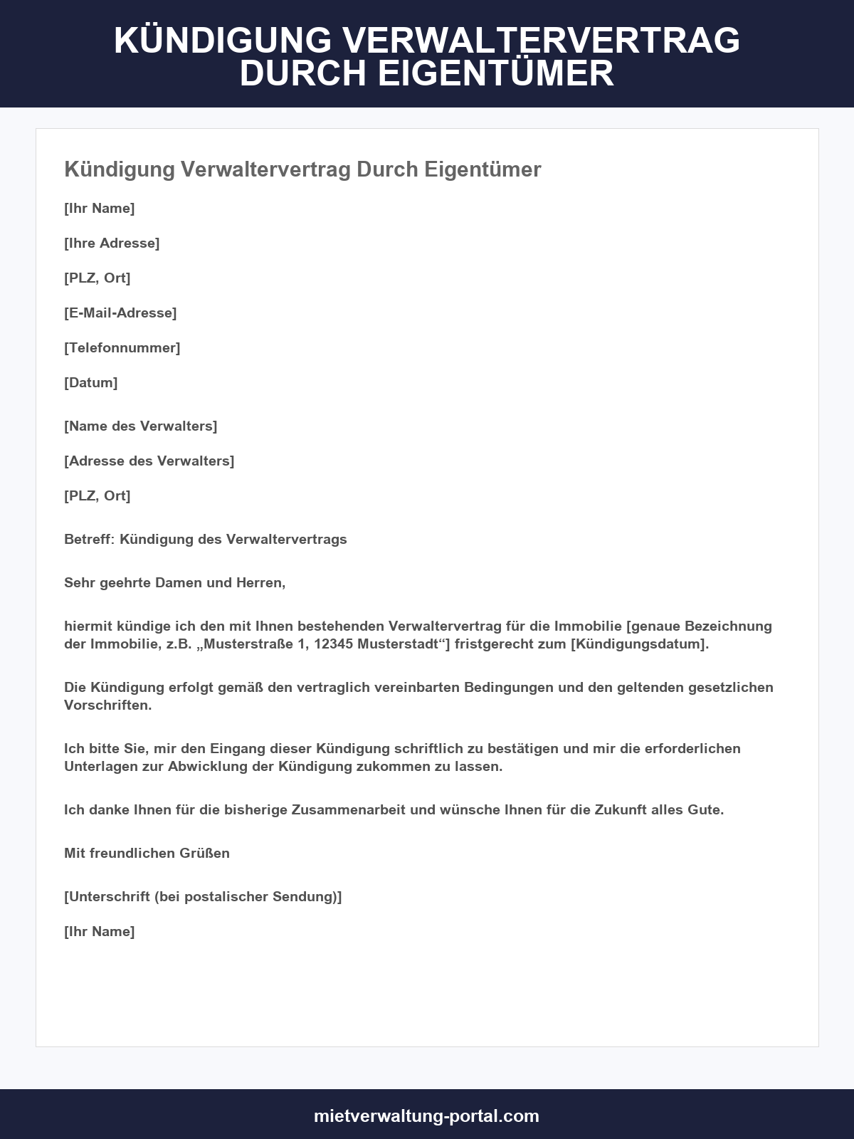 Kündigung Verwaltervertrag Durch Eigentümer Muster