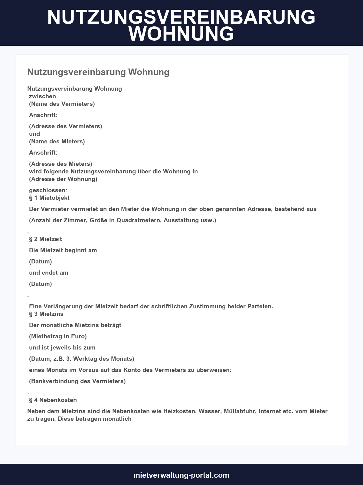 Nutzungsvereinbarung Wohnung Vorlage