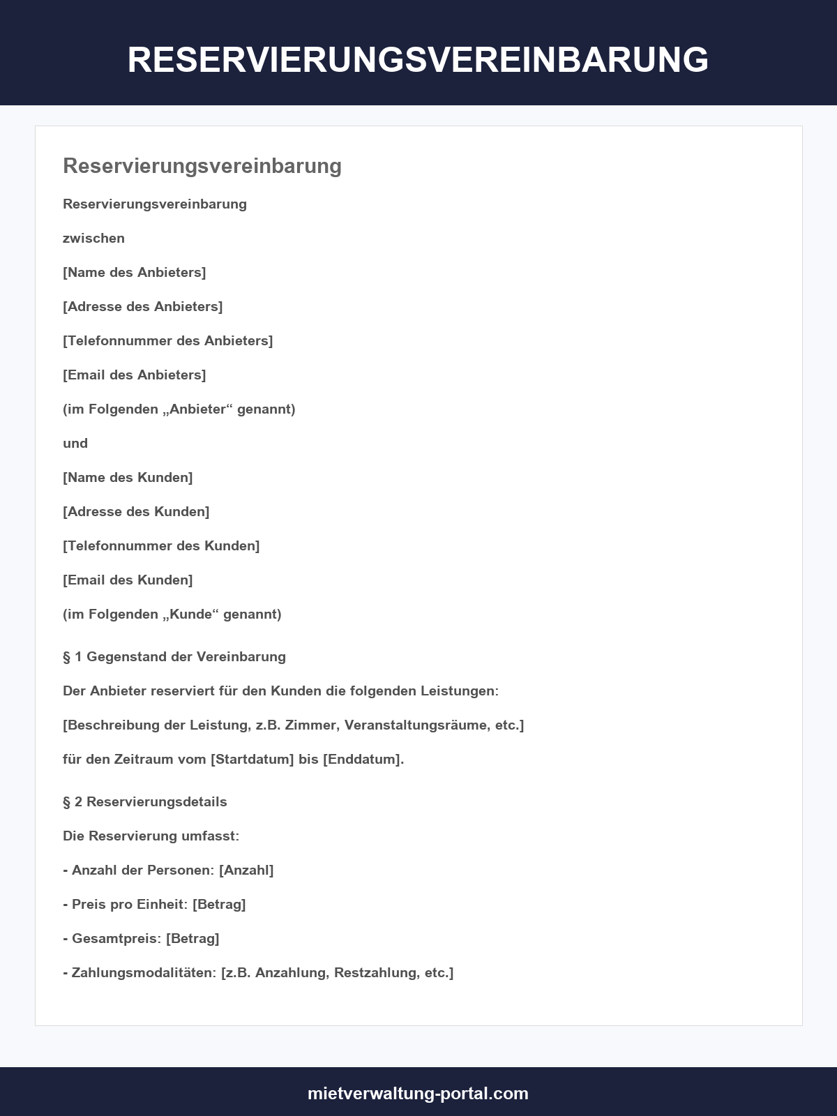 Reservierungsvereinbarung Muster