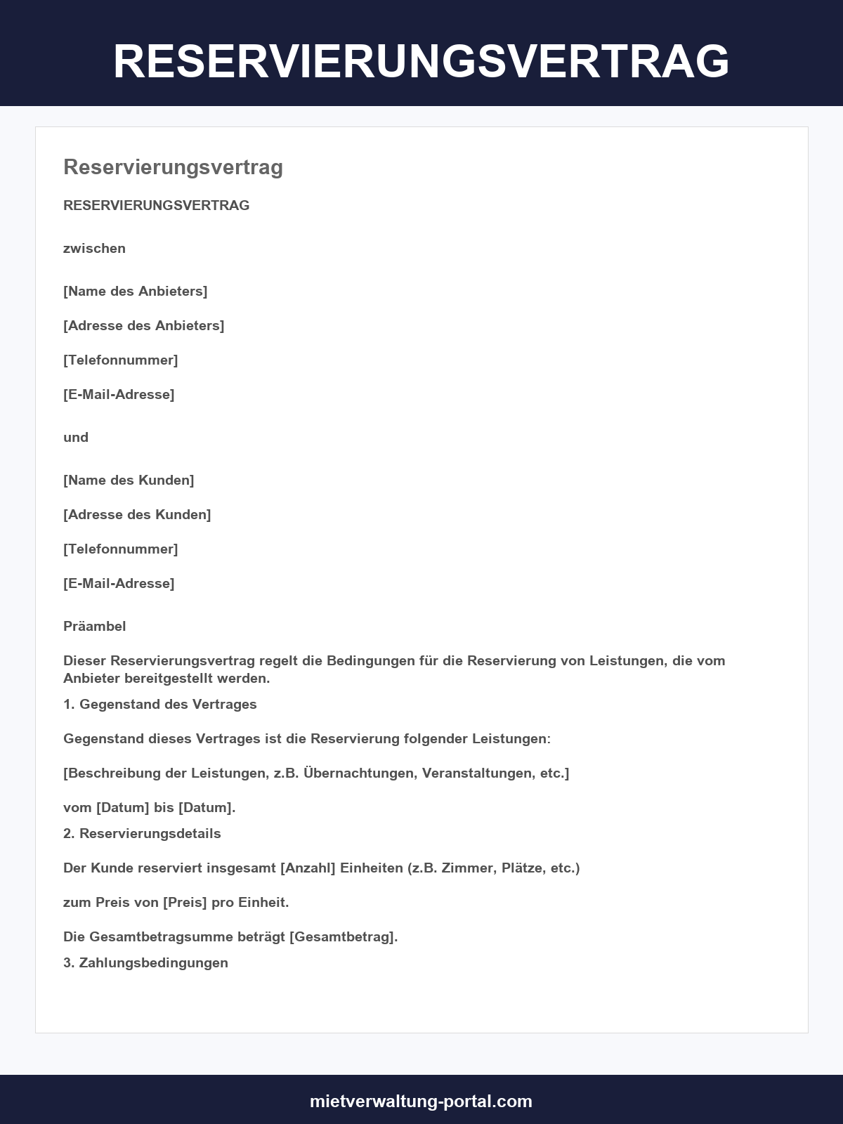 Reservierungsvertrag Vorlage