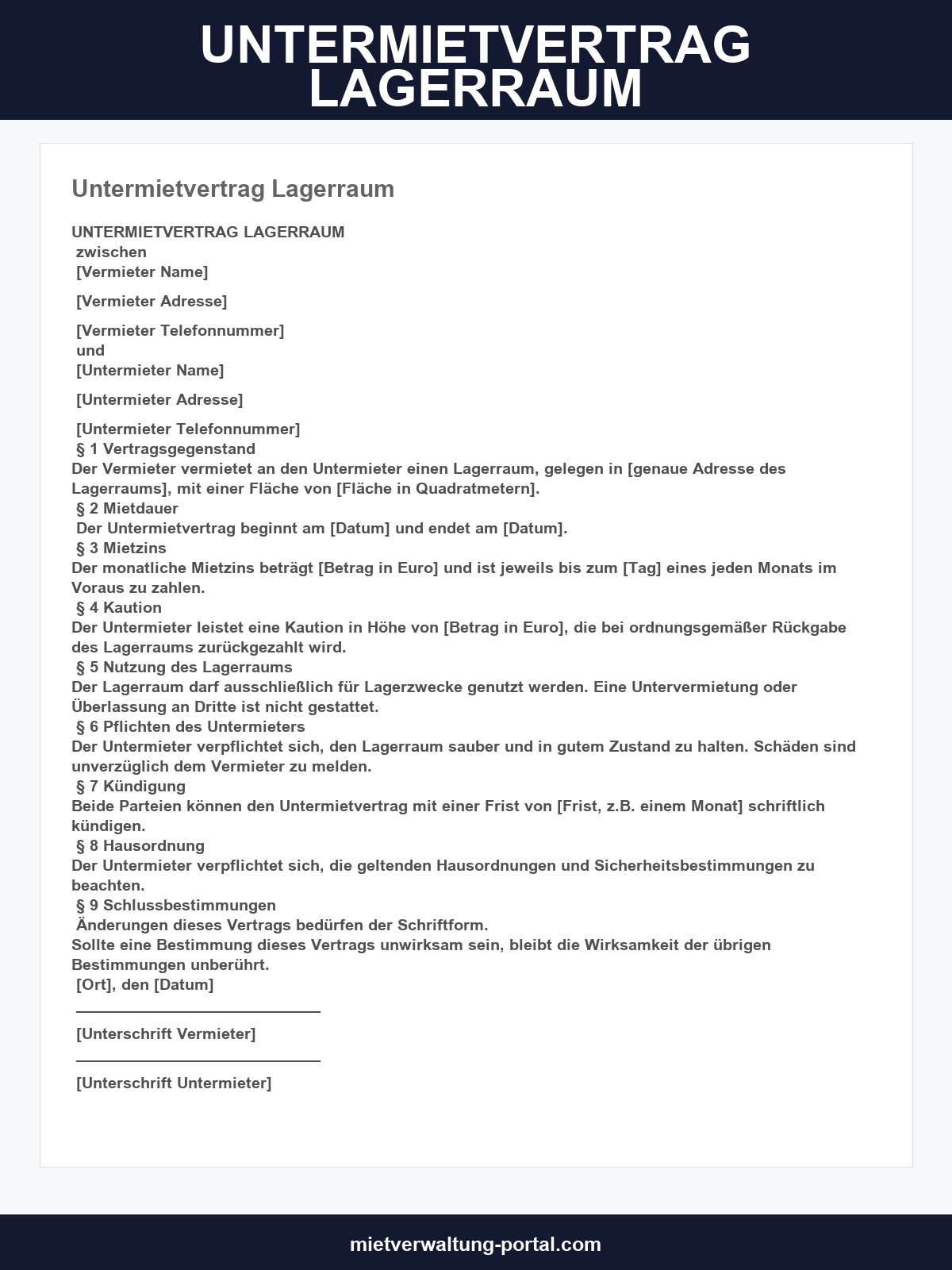 Untermietvertrag Lagerraum Vorlage