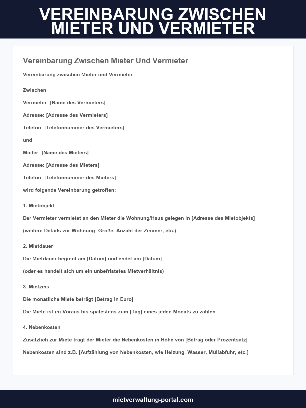 Vereinbarung Zwischen Mieter Und Vermieter Muster